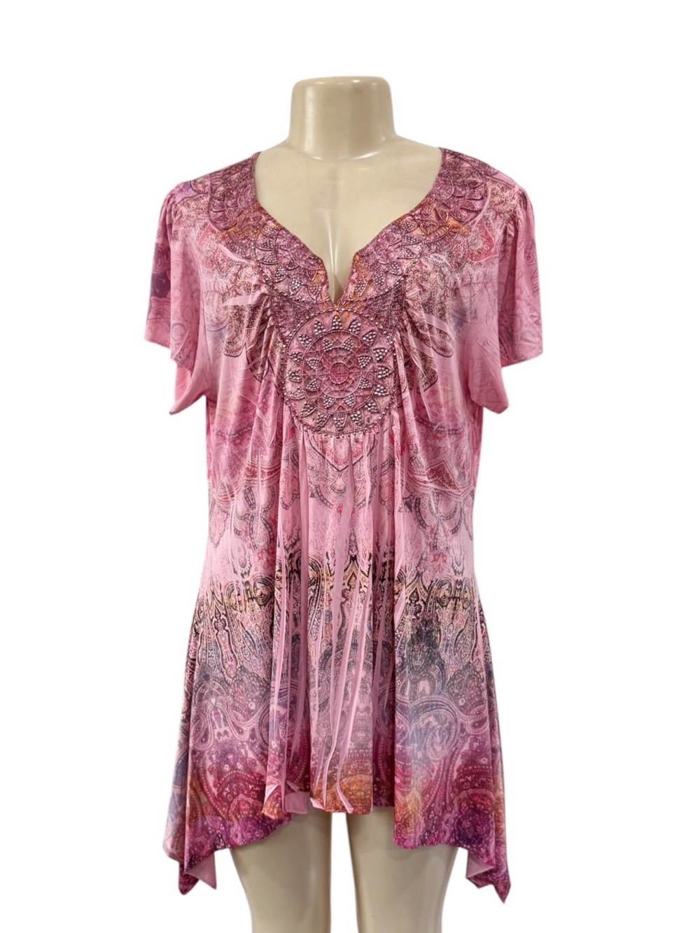 Y2K Tattoo Boho Pink Embroidered Beaded V-Neck Women Flowy Top Fairycore Shirt L